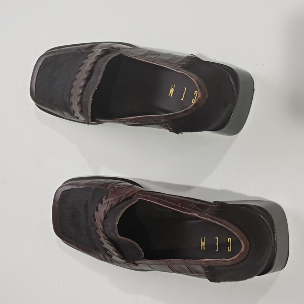 CEM Elegant Brown Leather Loafers with Faux Croc and Calf Hair Square Toe Sz 10M - Picture 13 of 16
